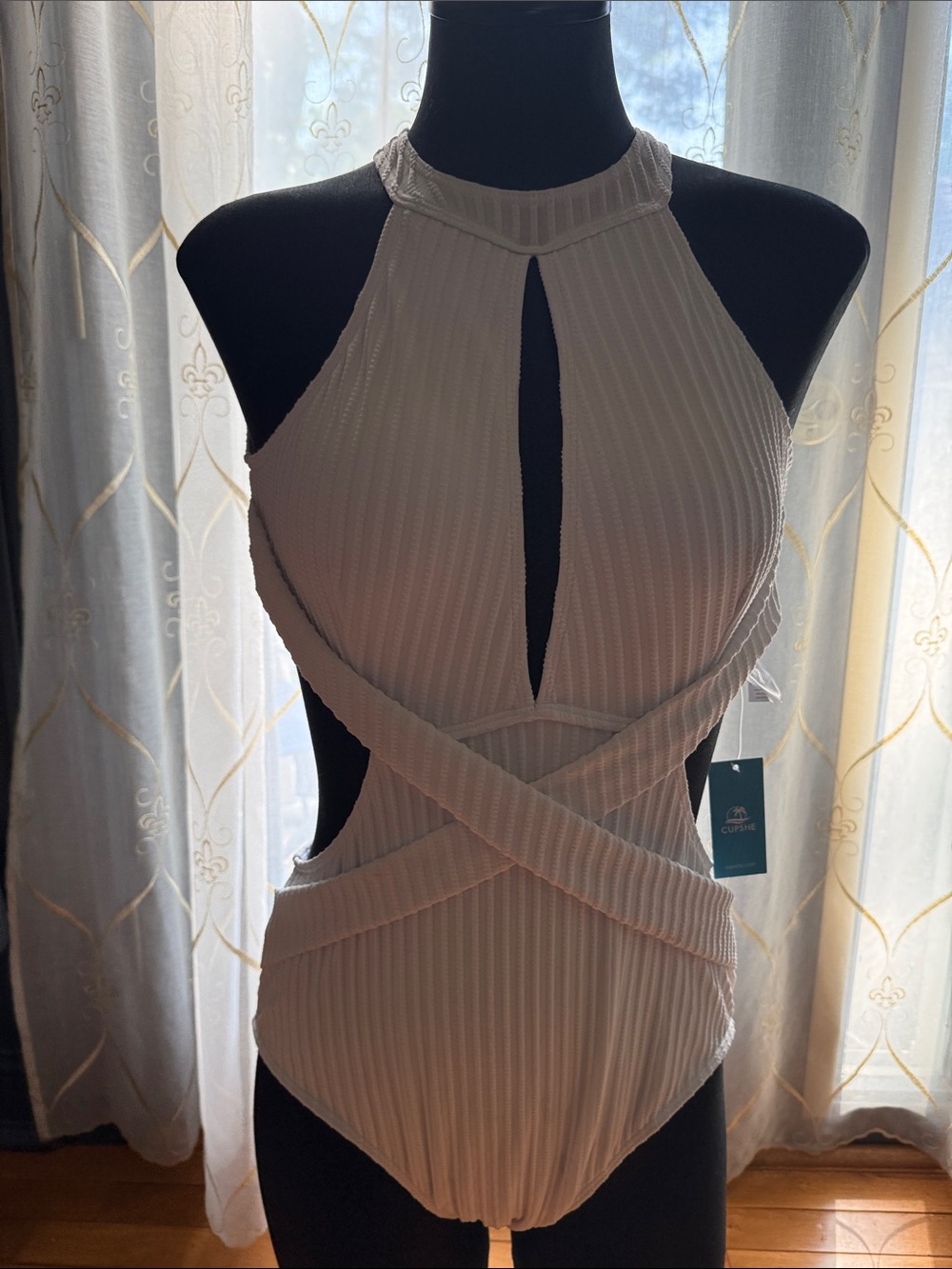 Cupshe White Ribbed Cutout Halter One-Piece Swimsuit - Picture 1 of 4